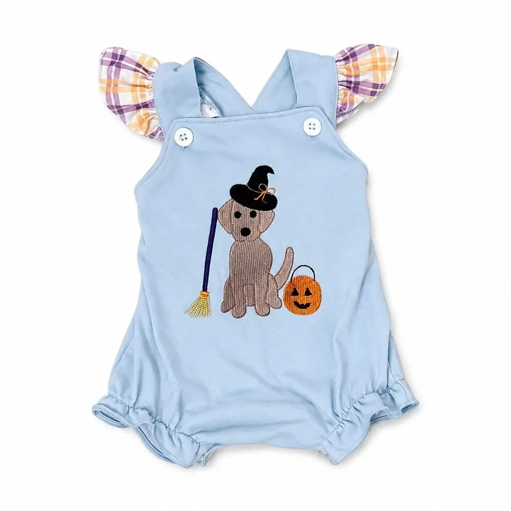 Abby & Evie Baby 6M Halloween Dog Witch Pumpkin Blue Plaid Bubble Romper